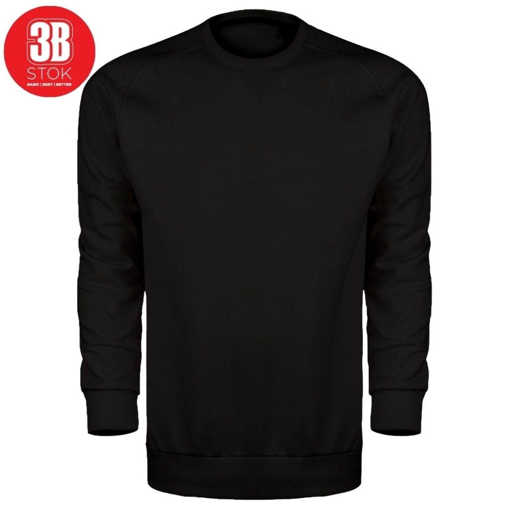 Black long-sleeve crewneck sweatshirt with a small red 3B STOCK logo circle in the top-left corner.