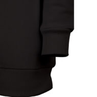 Close-up of a black ribbed sweatshirt cuff and hem showing knitted texture and seams.