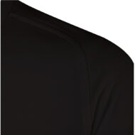Close-up of black fabric on a shoulder seam of a garment, showing knit texture and stitching.