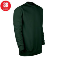 Dark green crewneck sweatshirt with ribbed cuffs and hem, displayed on a white background; red round logo at top-left corner.