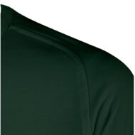 Close-up of dark green fabric showing a shoulder seam on a garment, highlighting the stitching and texture.