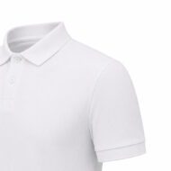 White polo shirt close-up showing collar, placket and short sleeve cuff.