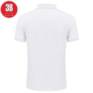 Back view of a plain white polo shirt with short sleeves against a white background, showing simple collar and ribbed sleeve cuffs.