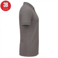 Side view of a grey polo shirt with short sleeves and a classic collar, product photography.