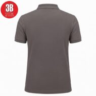 Back view of a grey polo shirt with short sleeves on a white background; a red circular logo sits in the top-left corner.
