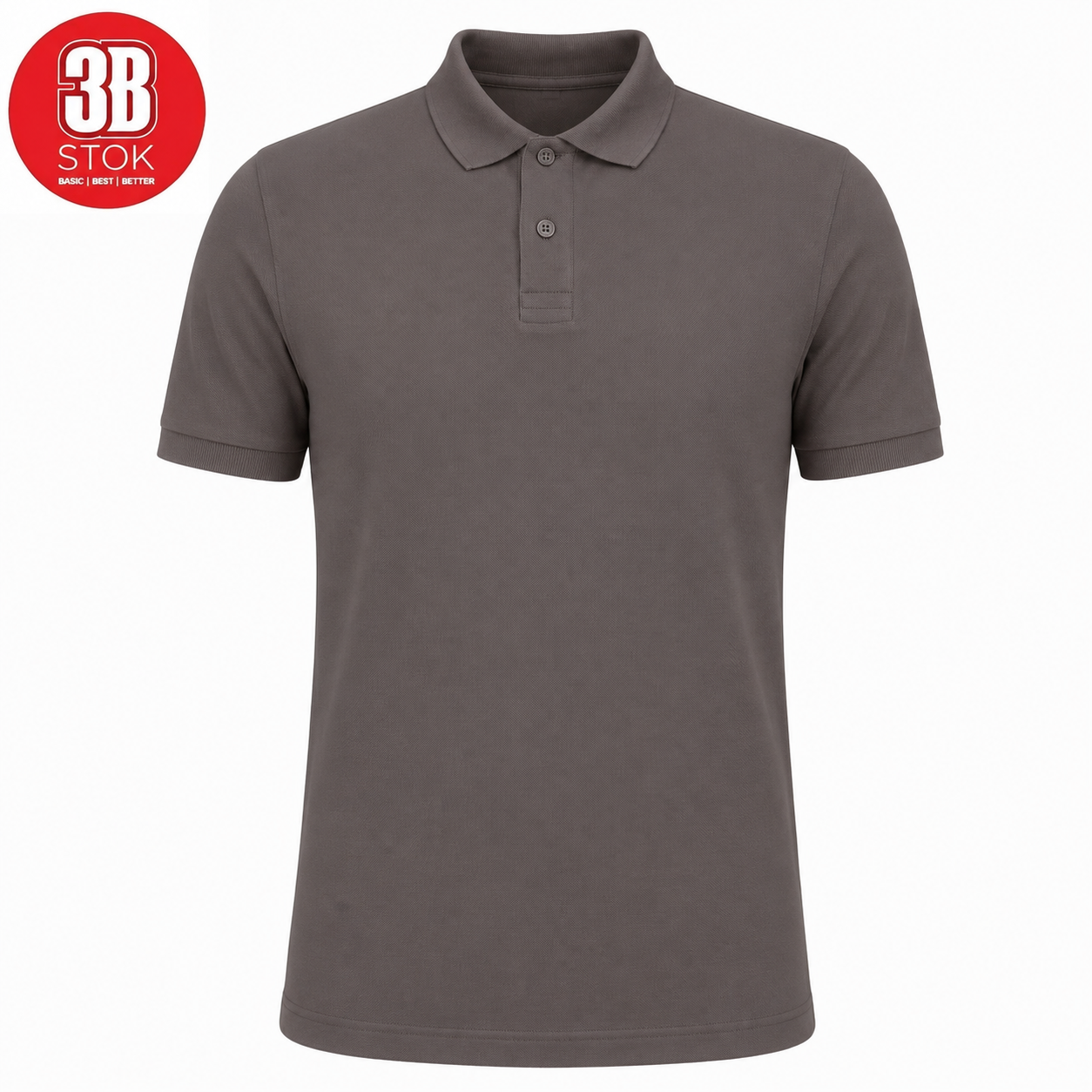 Brown polo shirt with short sleeves and button placket on a white background, featuring a red circular 3B STOk logo in the top-left corner.