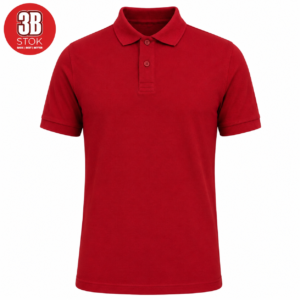 Red polo shirt with short sleeves and a two-button placket; 3B STOK circular logo in the top-left corner