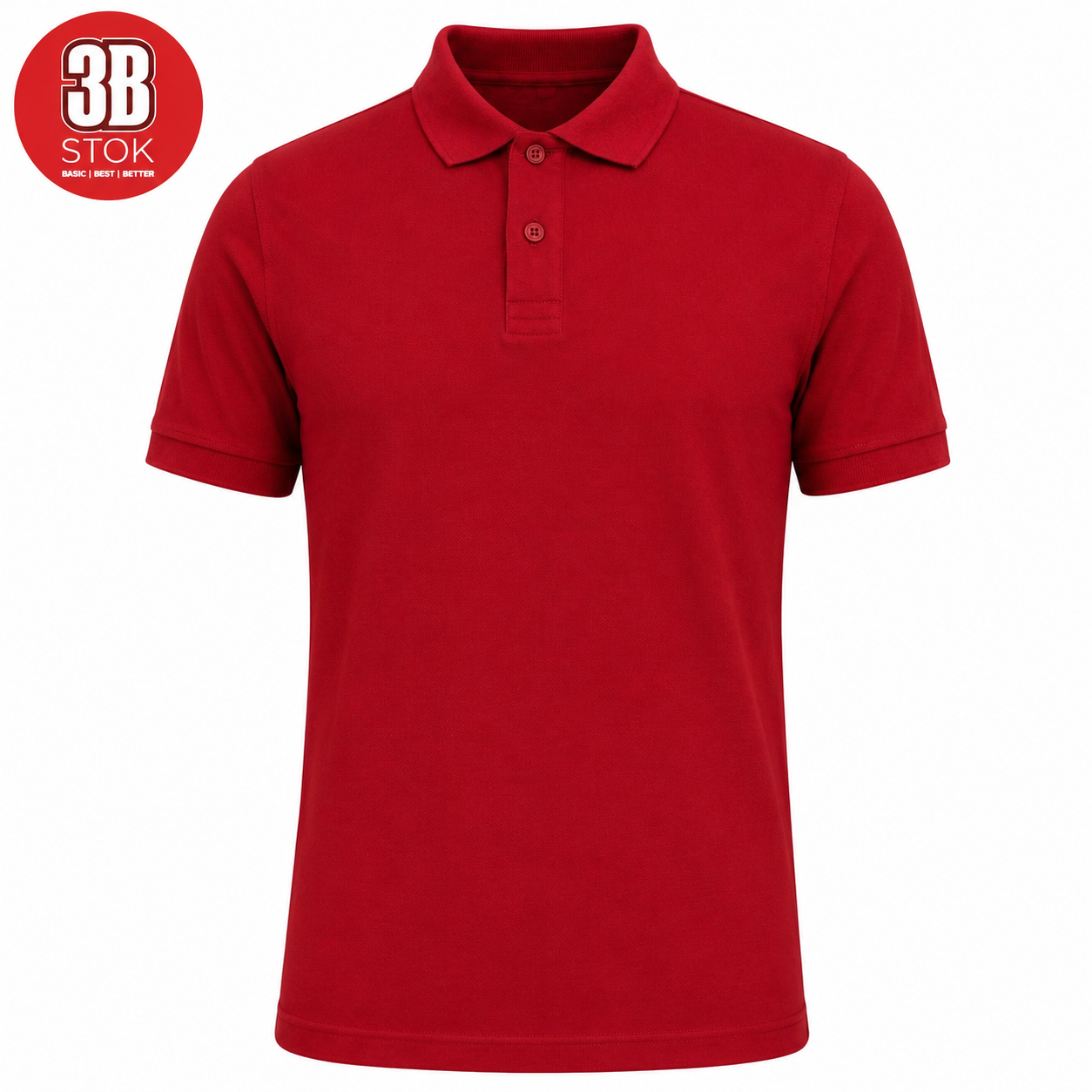Red polo shirt with short sleeves and a two-button placket; 3B STOK circular logo in the top-left corner