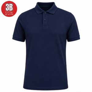 Navy polo shirt with short sleeves and collar on a white background; 2-button placket visible.