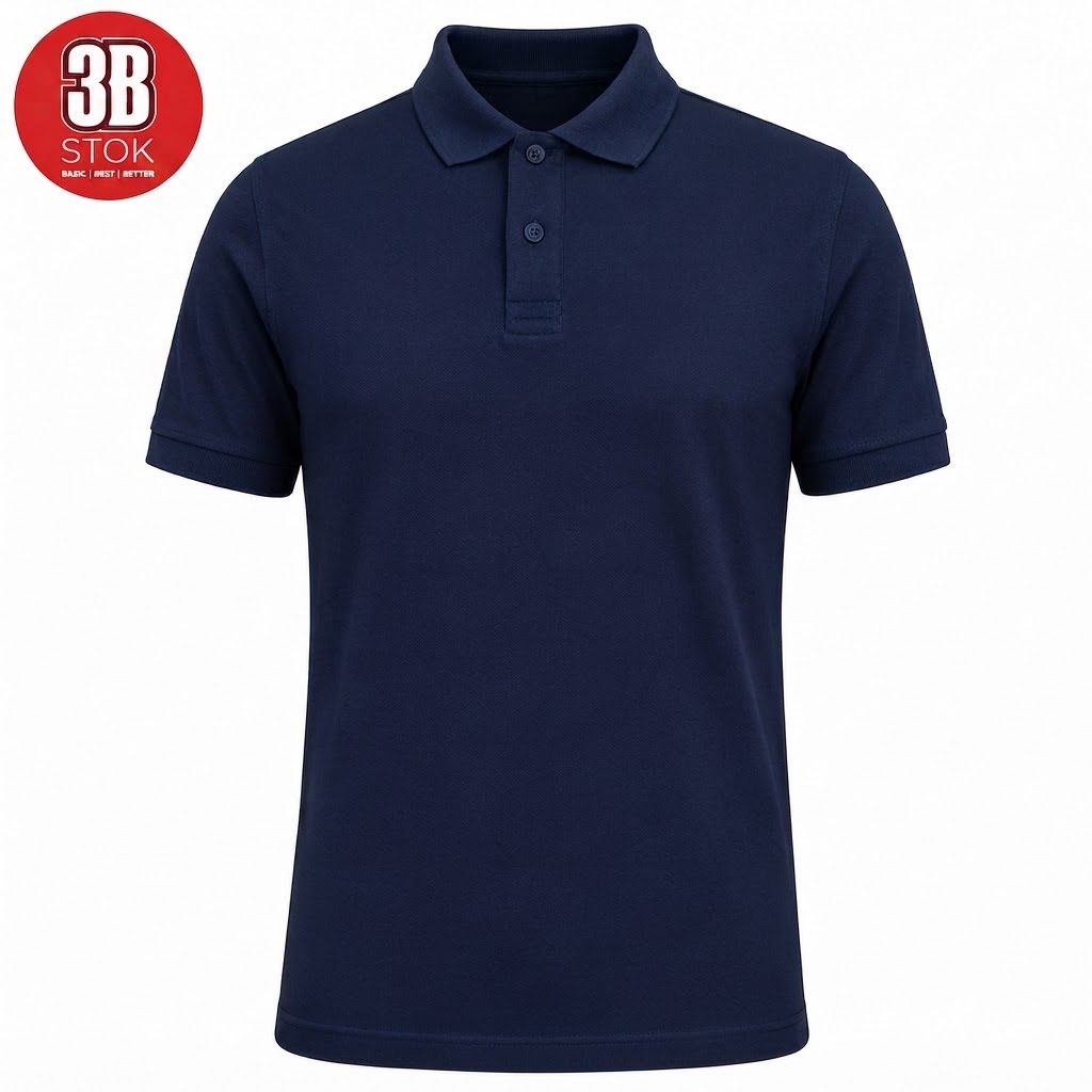 Navy polo shirt with short sleeves and collar on a white background; 2-button placket visible.