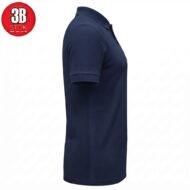 Side view of a navy blue polo shirt with short sleeves and collar on a white background.