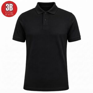 Black polo shirt on a white background with short sleeves and a two-button placket; red circular logo in the top-left corner.
