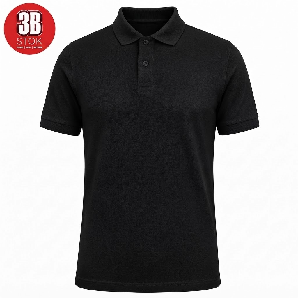 Black polo shirt on a white background with short sleeves and a two-button placket; red circular logo in the top-left corner.