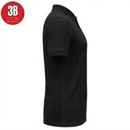 Side view of a black polo shirt with short sleeves on a white background to showcase its fit and shape.Articulates product in profile for sizing and style.