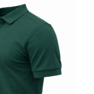 Close-up of a dark green polo shirt highlighting the collar and short sleeve.