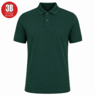 Dark green polo shirt with short sleeves and a two-button placket on a white background, with a red circular logo in the top-left corner.