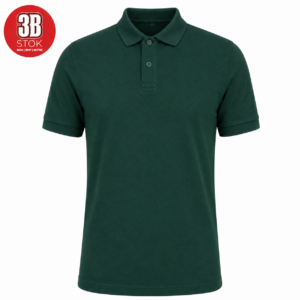 Dark green polo shirt with short sleeves and a two-button placket on a white background, with a red circular logo in the top-left corner.