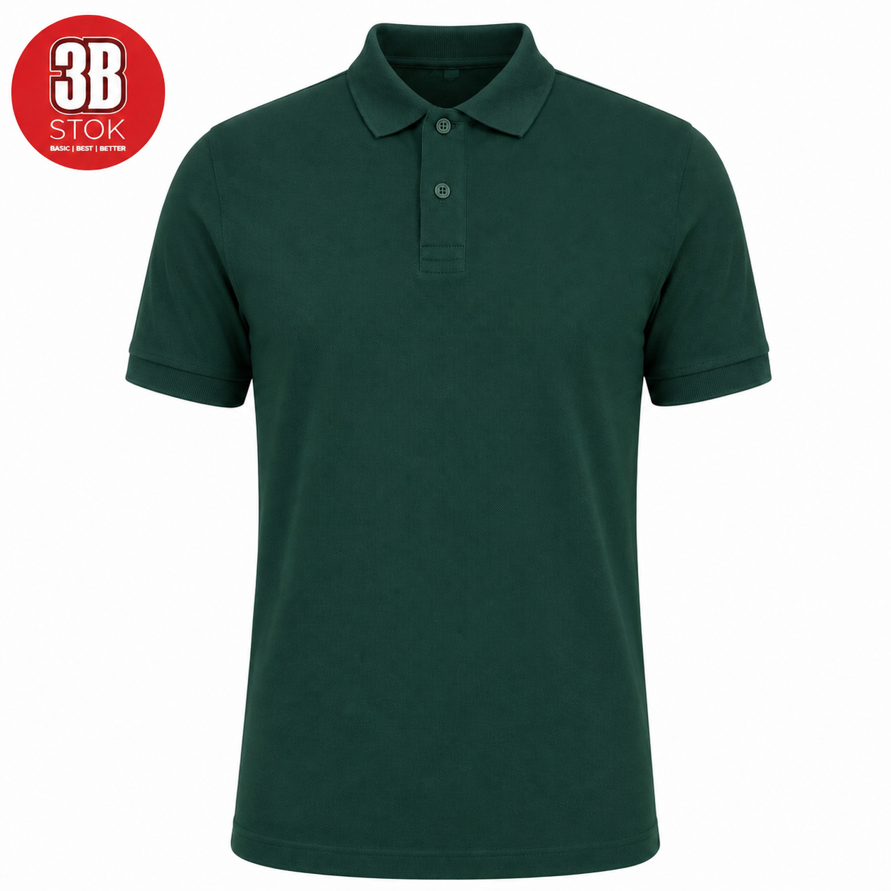 Dark green polo shirt with short sleeves and a two-button placket on a white background, with a red circular logo in the top-left corner.