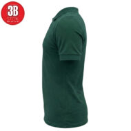 Side view of a dark green polo shirt with short sleeves on a white background