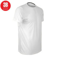 Plain white short-sleeve crew-neck T-shirt on a display, with a red 3B Stok logo in the top-left corner.