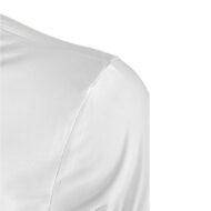 Close-up of a white shirt shoulder seam and sleeve with visible stitching