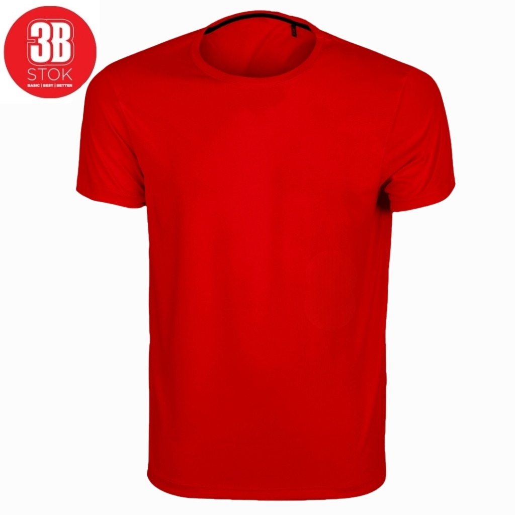 Red short-sleeve t-shirt with a basic design, shown from the front against a white background (logo badge in top-left corner).