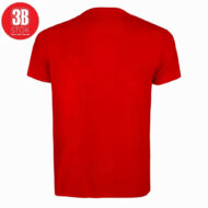 Back view of a plain red short-sleeve T-shirt on a white background, with a small circular logo in the top-left corner.