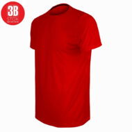 Solid red short-sleeve t-shirt on a white background, plain design with a small circular logo in the top-left corner