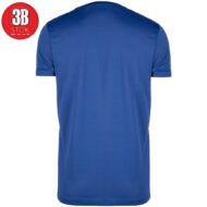 Back view of a royal blue short-sleeve T-shirt with a curved hem and crew neck; small red 3B STOK logo in the top-left corner.