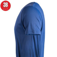 Blue short-sleeve T-shirt shown from the side, with a small red circular logo in the top-left corner