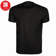 Plain black crew-neck t-shirt displayed against a white background with a small red 3B Stok logo in the upper left corner