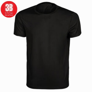 Plain black crew-neck t-shirt displayed against a white background with a small red 3B Stok logo in the upper left corner