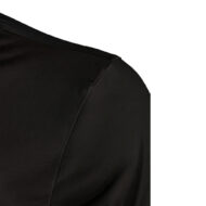 Close-up of the shoulder seam on a black blazer.