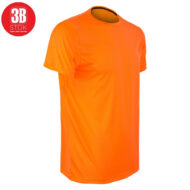 Bright orange short-sleeve athletic T-shirt with a rounded hem and plain front on a white background, no graphics visible.