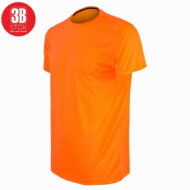 Bright orange short-sleeve crew-neck t-shirt on a white background, with a red 3B Stok logo in the upper left corner.