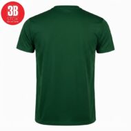 Back view of a dark green short-sleeve T-shirt on a white background, with a red circular logo in the top-left corner.