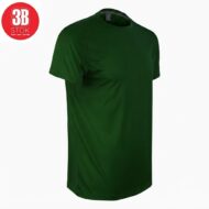 Green crew-neck short-sleeve T-shirt with a curved hem on a white background; brand logo in the top-left corner.