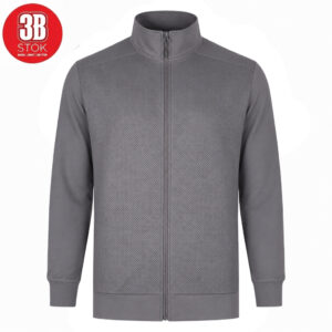 Gray perforated zip-up jacket with stand collar, full front zipper; logo in upper-left corner reads '3B STOk' (red circle).