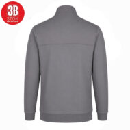 Back view of a gray sweatshirt with a stand-up collar, ribbed cuffs and hem; red circular brand logo appears in the top-left corner.