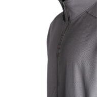 Close-up of a gray perforated athletic jacket with a zippered collar.