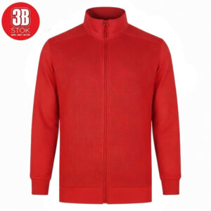 Red zip-up jacket with perforated mesh panels, stand-up collar, and ribbed cuffs/hem; 3B Stok logo in top-left corner.