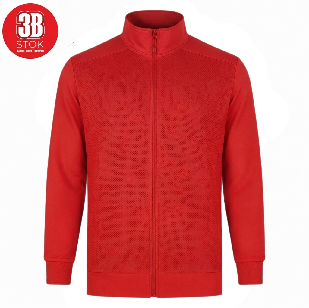 Red zip-up jacket with perforated mesh panels, stand-up collar, and ribbed cuffs/hem; 3B Stok logo in top-left corner.