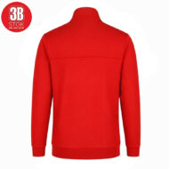 Back view of a bright red sweatshirt with ribbed cuffs and hem.