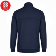 Navy blue jacket viewed from the back with ribbed cuffs and hem, a simple yoke seam across the upper back, and a small red 3B Stok logo in the top-left corner.