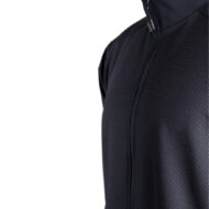 Close-up of a dark navy zip-up jacket with a small dotted texture and standing collar edge visible on the right.
