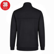 Back view of a black jacket with ribbed cuffs and hem, photographed from behind; minimal seam across the upper back. Logo circle in the top-left corner reads '3B STOk'.
