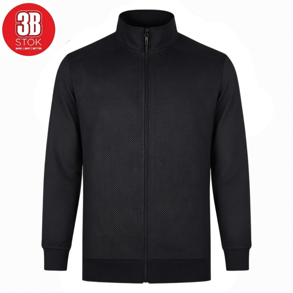 Black zip-up jacket with perforated front panels, ribbed cuffs and hem, and stand collar (product image)