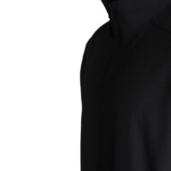 Close-up of a black perforated athletic jacket with a high collar and zipper pull.