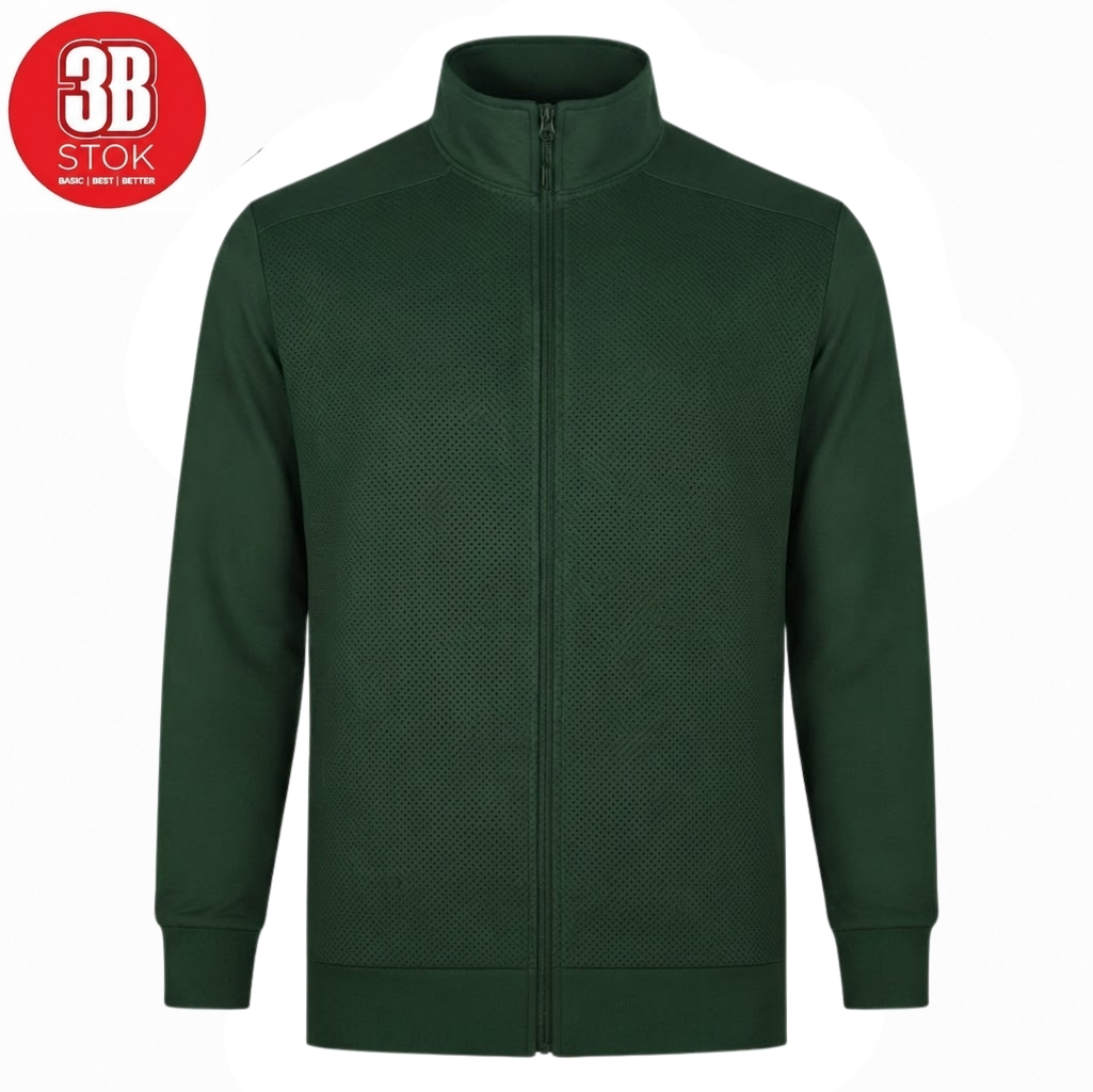 Dark green zip-up jacket with perforated front panels, ribbed cuffs and hem, displayed on white background with a red circular logo in the top-left corner.