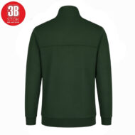 Back view of a dark green pullover jacket with a horizontal back seam and ribbed cuffs and hem.
